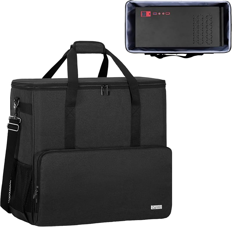 PC Carrying Case, Desktop Travel Bag for Full Computer Tower, Black | Computer Desktop Tower Case with Shoulder Straps Fit ATX/M-ATX Motherboards, Keyboard, Mouse, Cables & Earphones