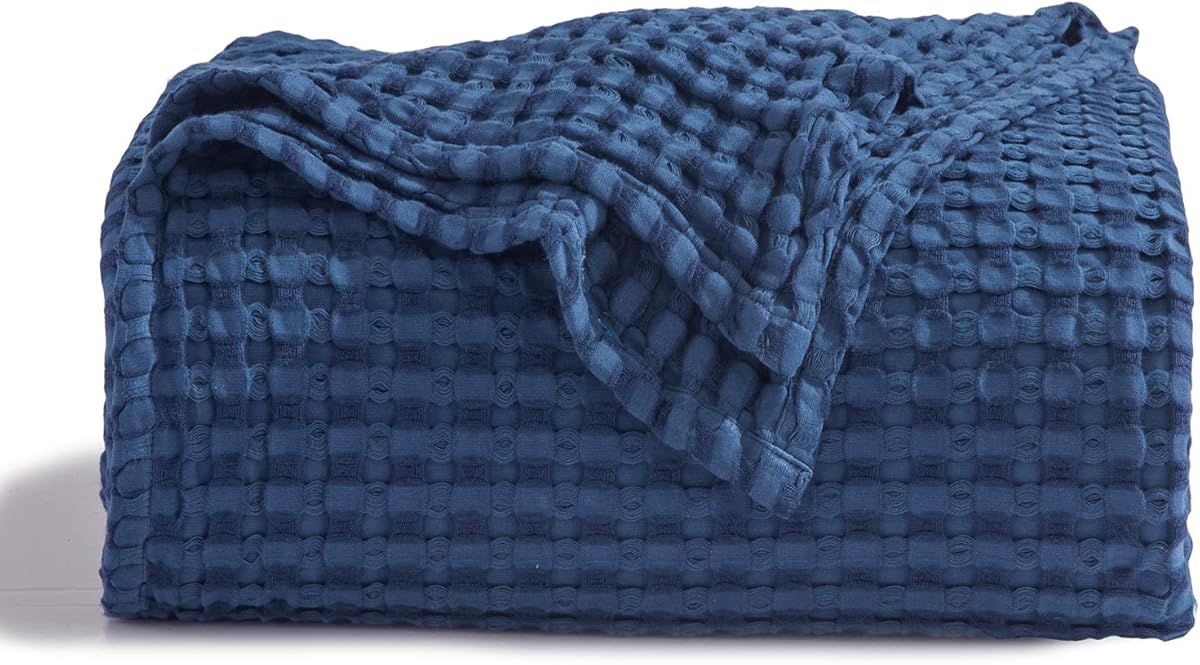 Bedsure Cooling Cotton Waffle Queen Size Blanket - Lightweight Breathable Summer Blanket of Rayon Derived from Bamboo for Hot Sleepers, Luxury Throws for Bed, Couch and Sofa, Navy, 90x90 Inches