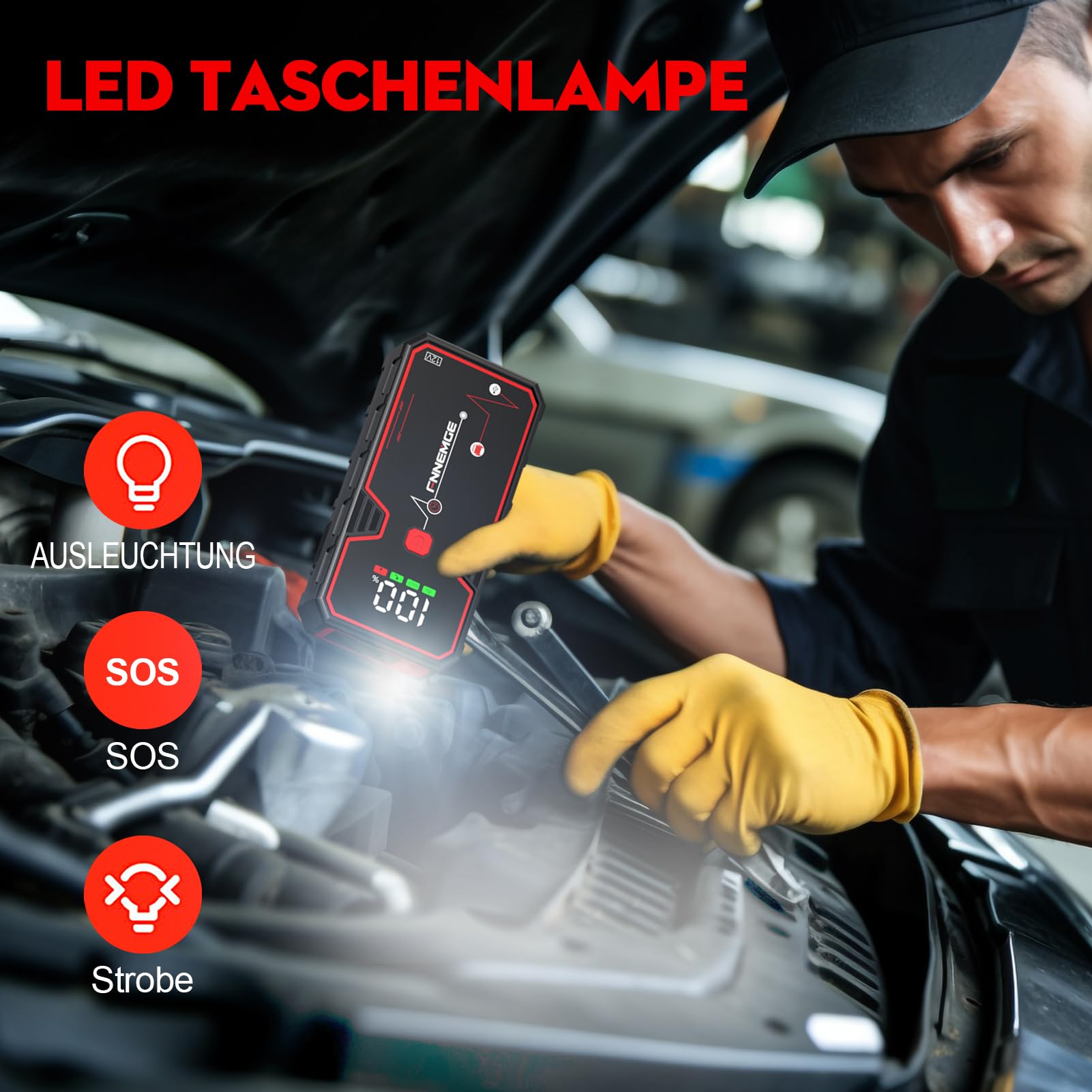 FNNEMGE Starthilfe Powerbank 5000A 23800mAh, Geeignet für 12V Auto Batterie (Alle Benzin und Bis Zu 8,0L Diesel), mit USB-Ladeausgang, LED-Licht, HD-Großbildschirm
