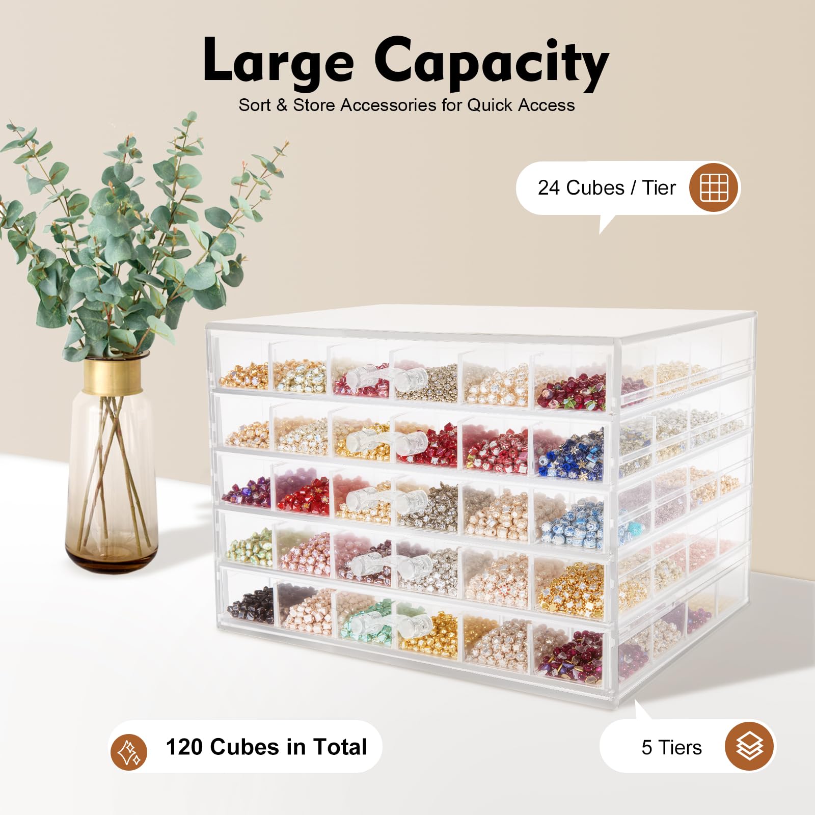 Scatola portaoggetti con scomparti e cassetto, 5 ripiani, 120 scomparti, organizer trasparente per piccoli oggetti, oggetti fai da te, gioielli, 21,5 x 14,5 x 15 cm