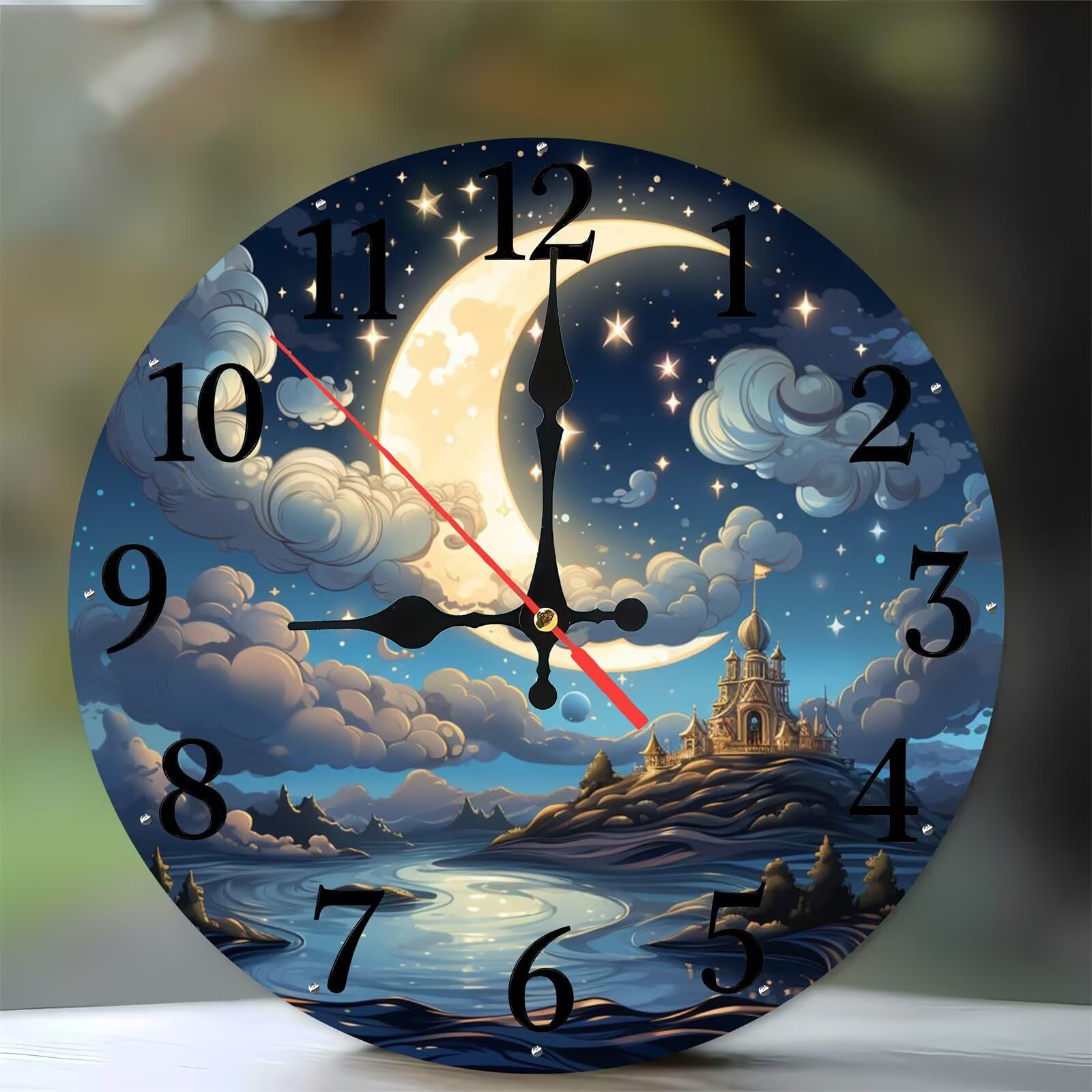 Horloge murale en bois ronde 35 cm paysage château de la lune
