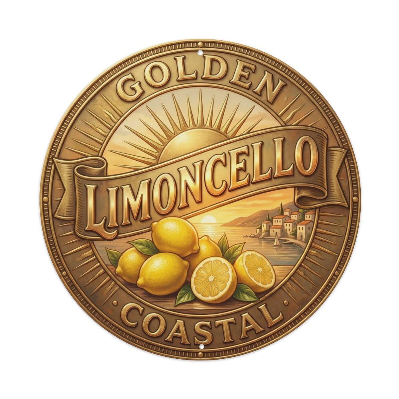 Golden Coastal Limoncello Badge Metal Tin Sign Plaque Wall Decor for Cafe, Club, Garden Round Metal Poster 8x8Inch