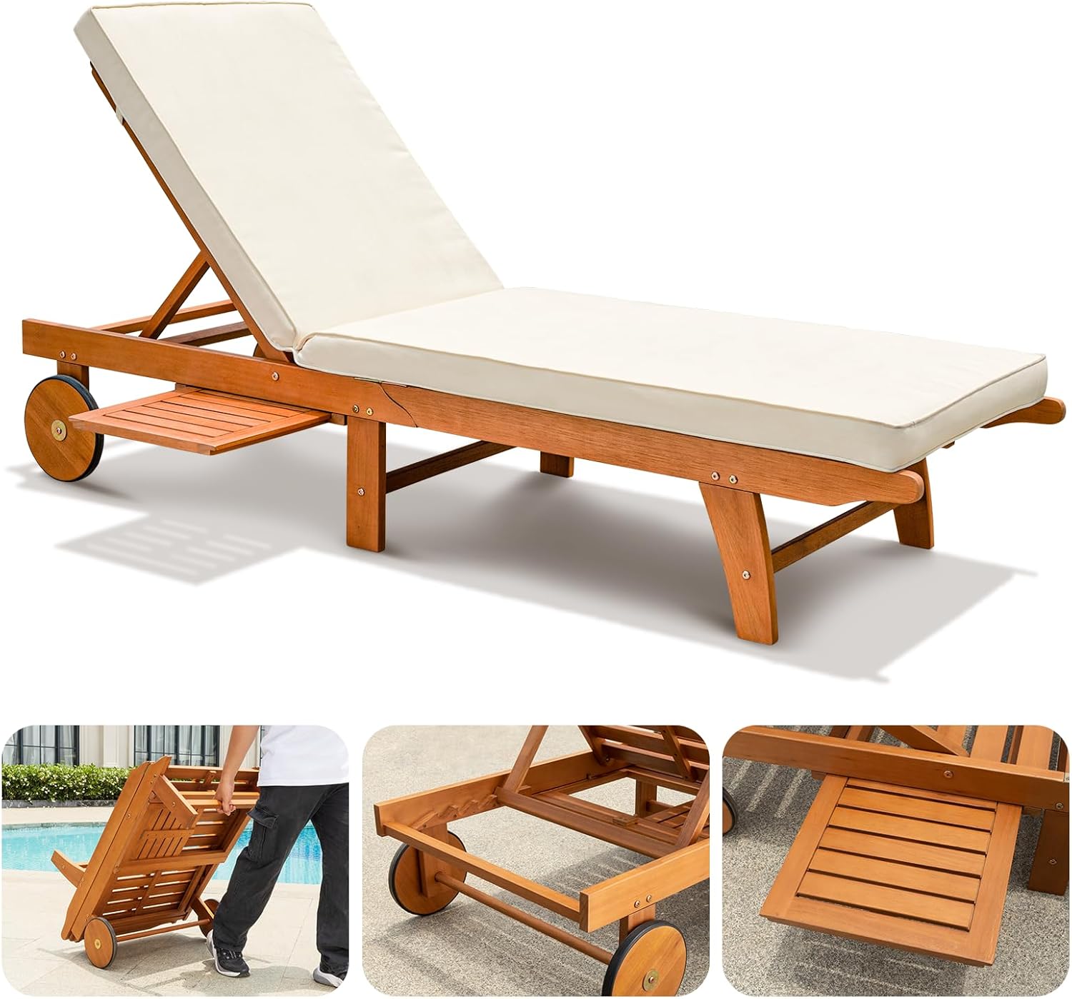 IDZO Upgraded Cushion Outdoor, 500lbs Capacity Patio Pool Loungers, Stackable and Foldable Design, Reclining Backrest, Federica Wood Chaise Lounge, Brown