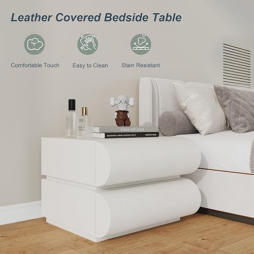 Miniatura 5 de IKuinen Mesita de noche, mesita de noche minimalista con 2 cajones de madera maciza, mesitas de noche con cuero de microfibra, mesa auxiliar para