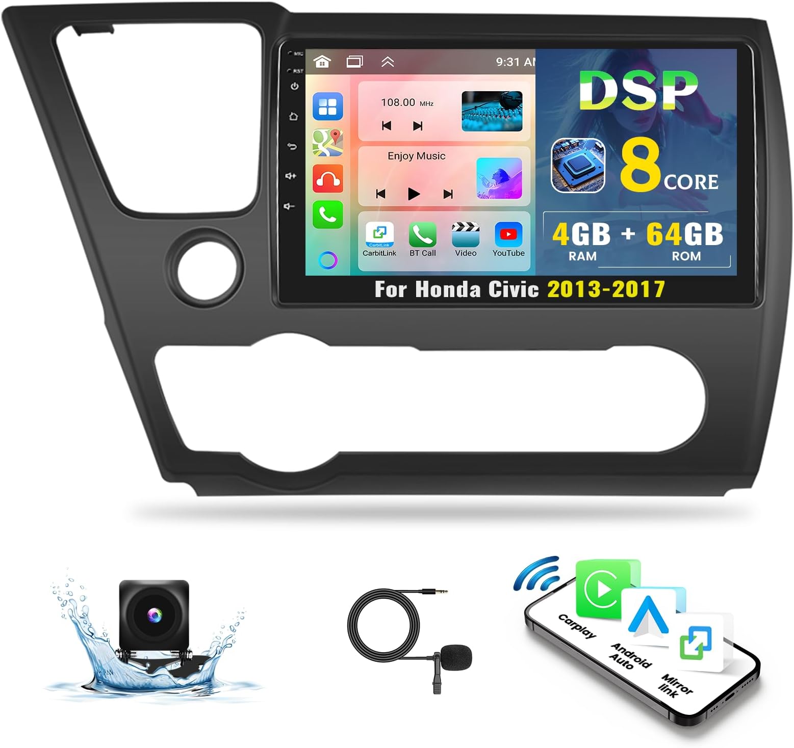 8 Core Android 13(4G+64G) Car Stereo for Honda Civic 2013-2017 Upgrade,Wireless Carplay&Android Auto, 9" IPS Touchscreen 1280 * 720 DSP Auto Radio GPS Bluetooth FM/RDS 32EQ WiFi SWC+Backup Cam&Mic