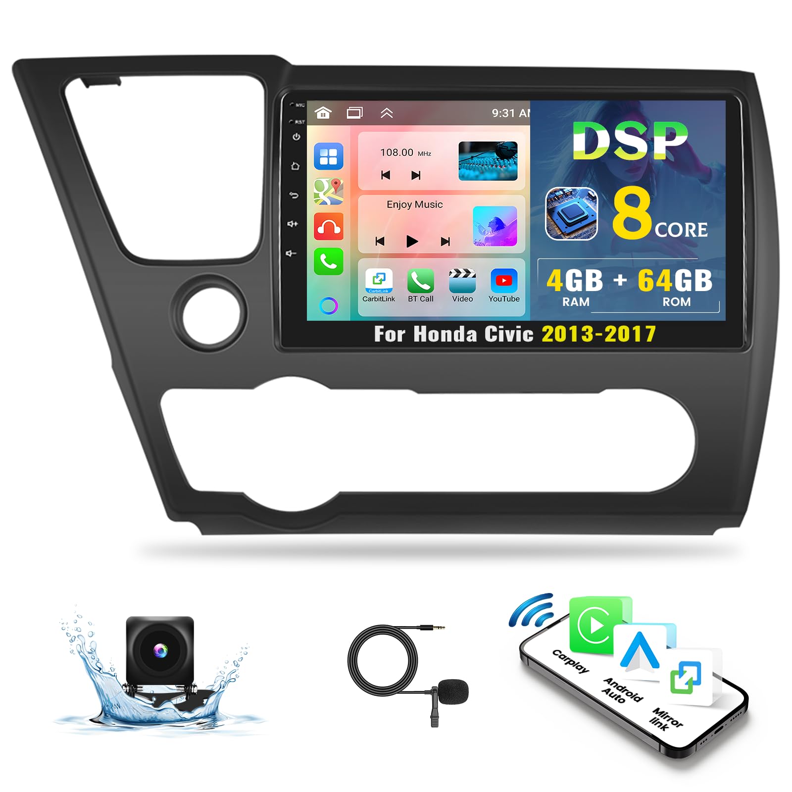 8 Core Android 13(4G+64G) Car Stereo for Honda Civic 2013-2017 Upgrade,Wireless Carplay&Android Auto, 9" IPS Touchscreen 1280 * 720 DSP Auto Radio GPS Bluetooth FM/RDS 32EQ WiFi SWC+Backup Cam&Mic