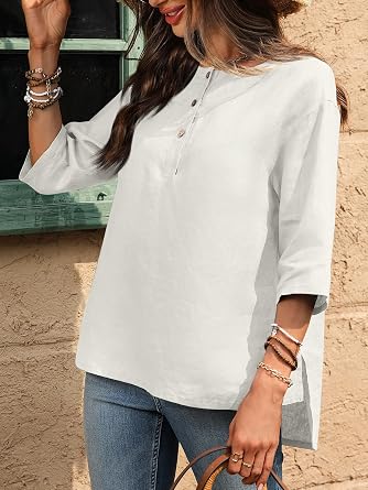 Women's 100% Linen Pure Henley Shirts Crew Neck Casual Blouse