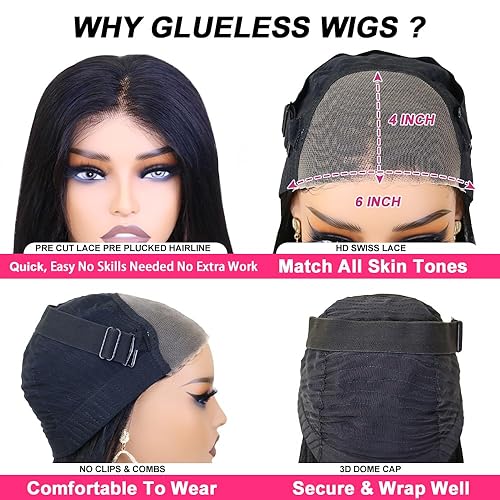 Miniatura 4 de Wear and Go Pelucas de cabello humano sin pegamento, precortadas con encaje HD 6x4, pelucas de cabello humano lacio con encaje frontal sin