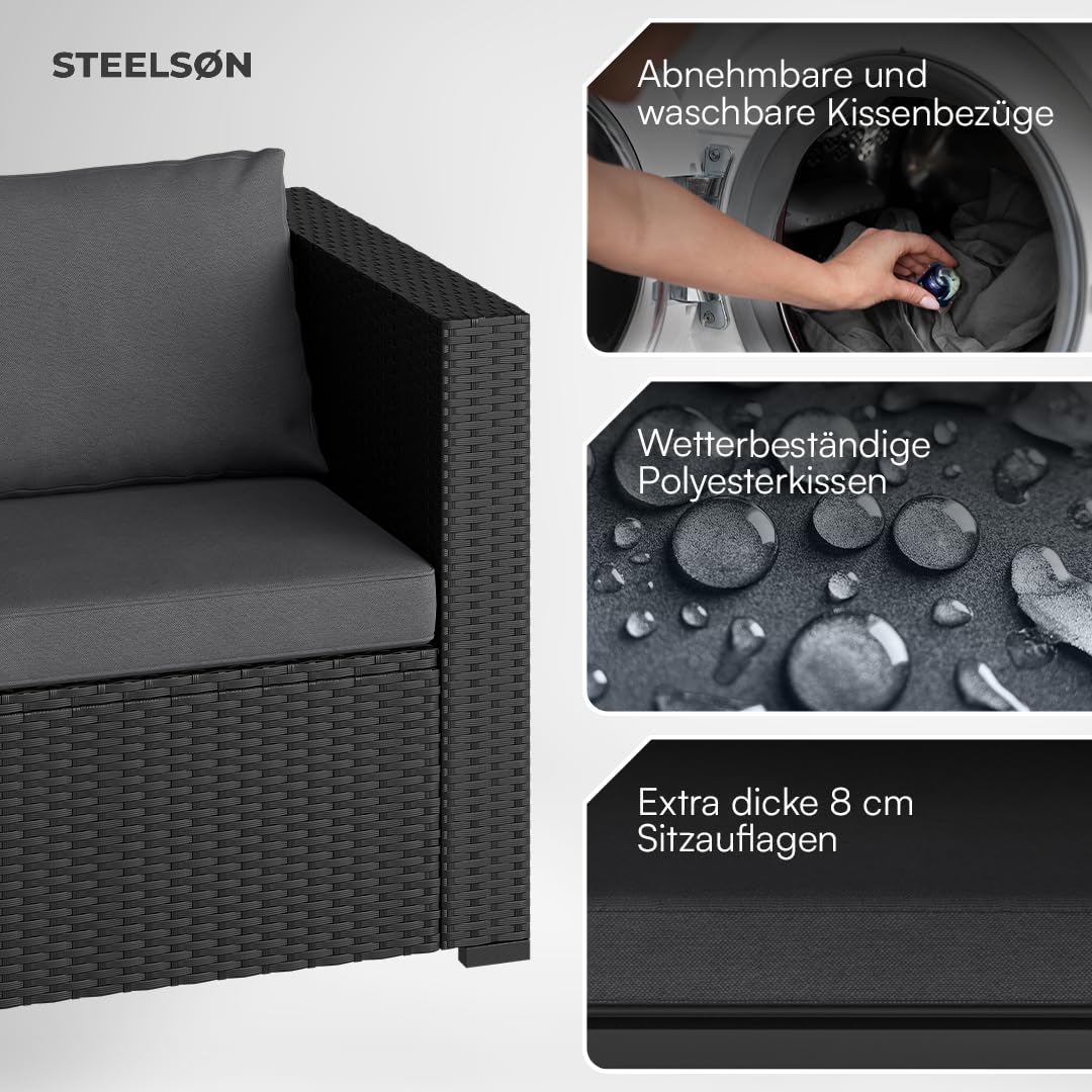 STEELSØN Veloria Rattan Gartenmöbel Set 4-TLG. – Gartenlounge mit Sofas, Tisch & Box – Outdoor Sitzgruppe bis 4 Personen – Sitzgarnitur Garten/Balkon/Terasse schwarz/anthrazit mit Stauraum