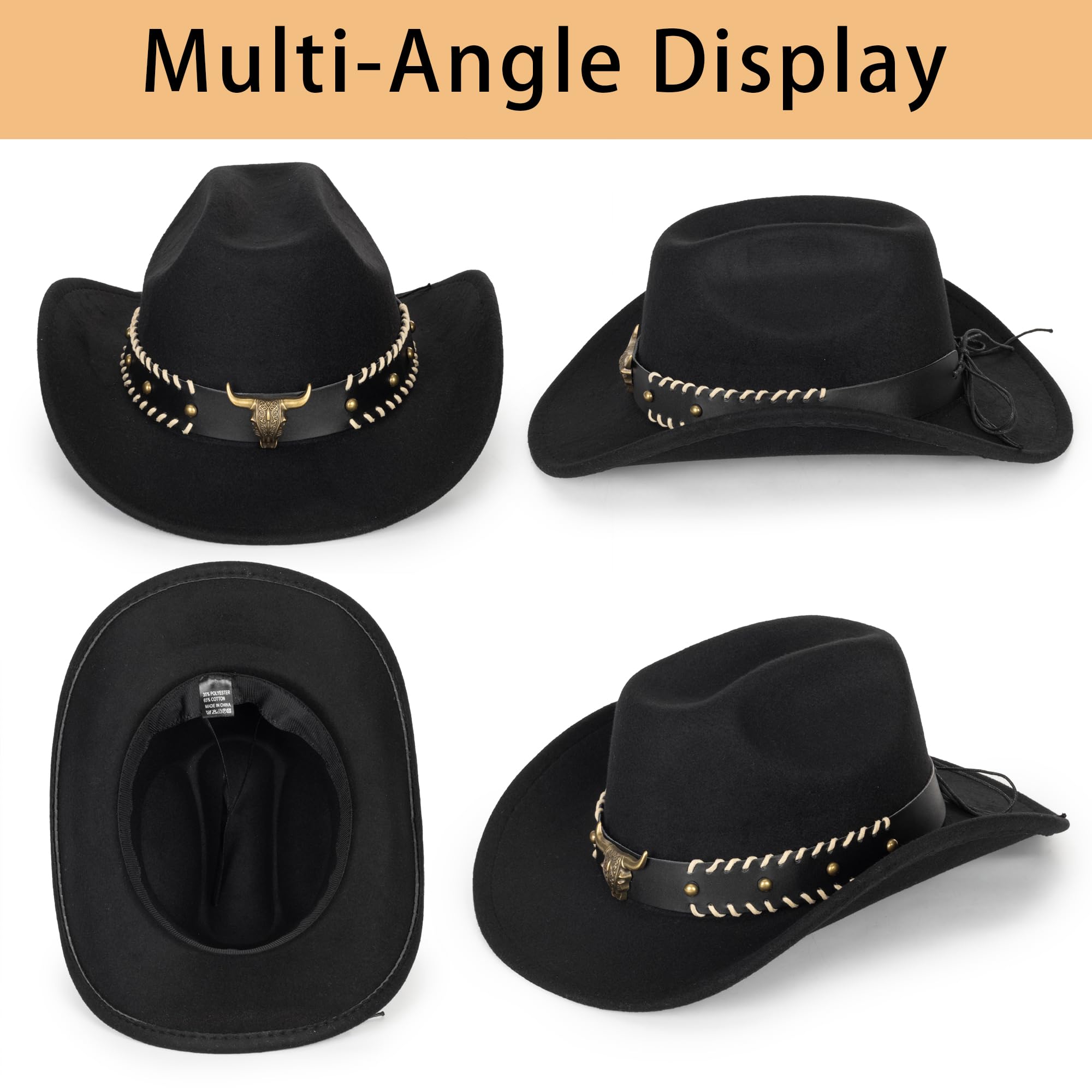 Eohak Cappello da cowboy occidentale modellabile per uomini e donne in feltro cappello Fedora Outback Cowgirl Jazz cappelli con fibbia per cintura M/L