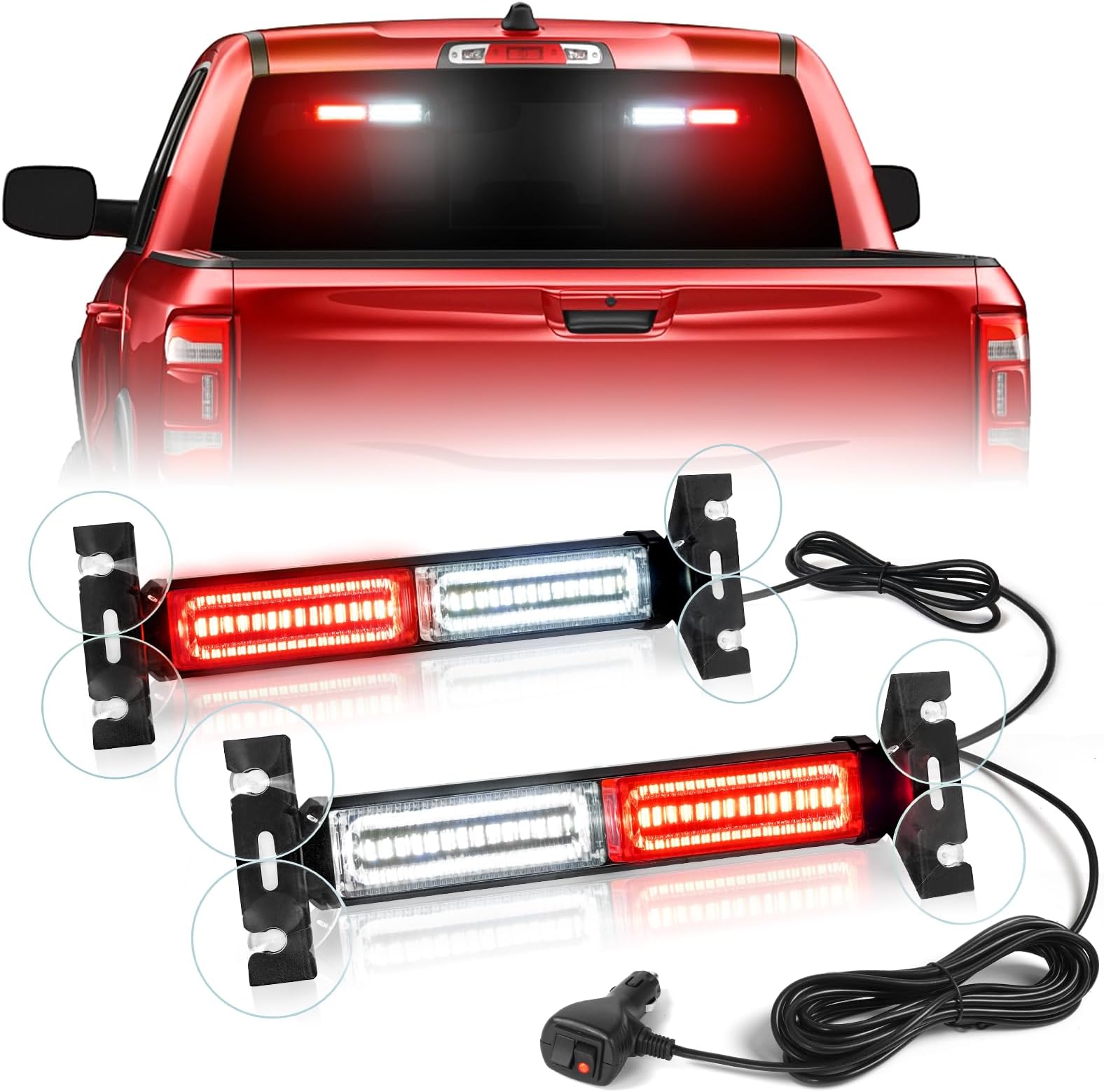 HLauto 1002L Emergency Strobe Traffic Advisor Light Bar: 40LED Dash Safety Warning Flashing Front/Rear Windshield Visor Light for Construction Vehicle, Trucks (2x10.7inch, Red White)