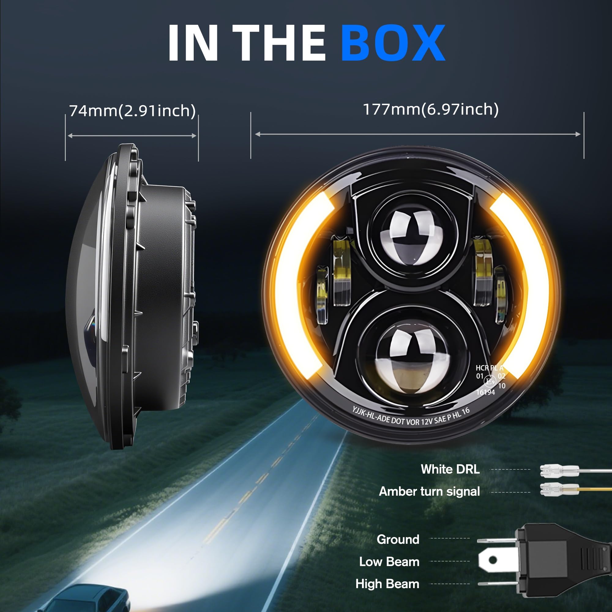 Faro Led de 7 "para coche, luz de conducción Led de haz Alto y Bajo DRL, ámbar blanco, IP68, para motocicleta, todoterreno, 12V, 24V Luz Delantera de Motocicleta(1pcs 5.75inch)