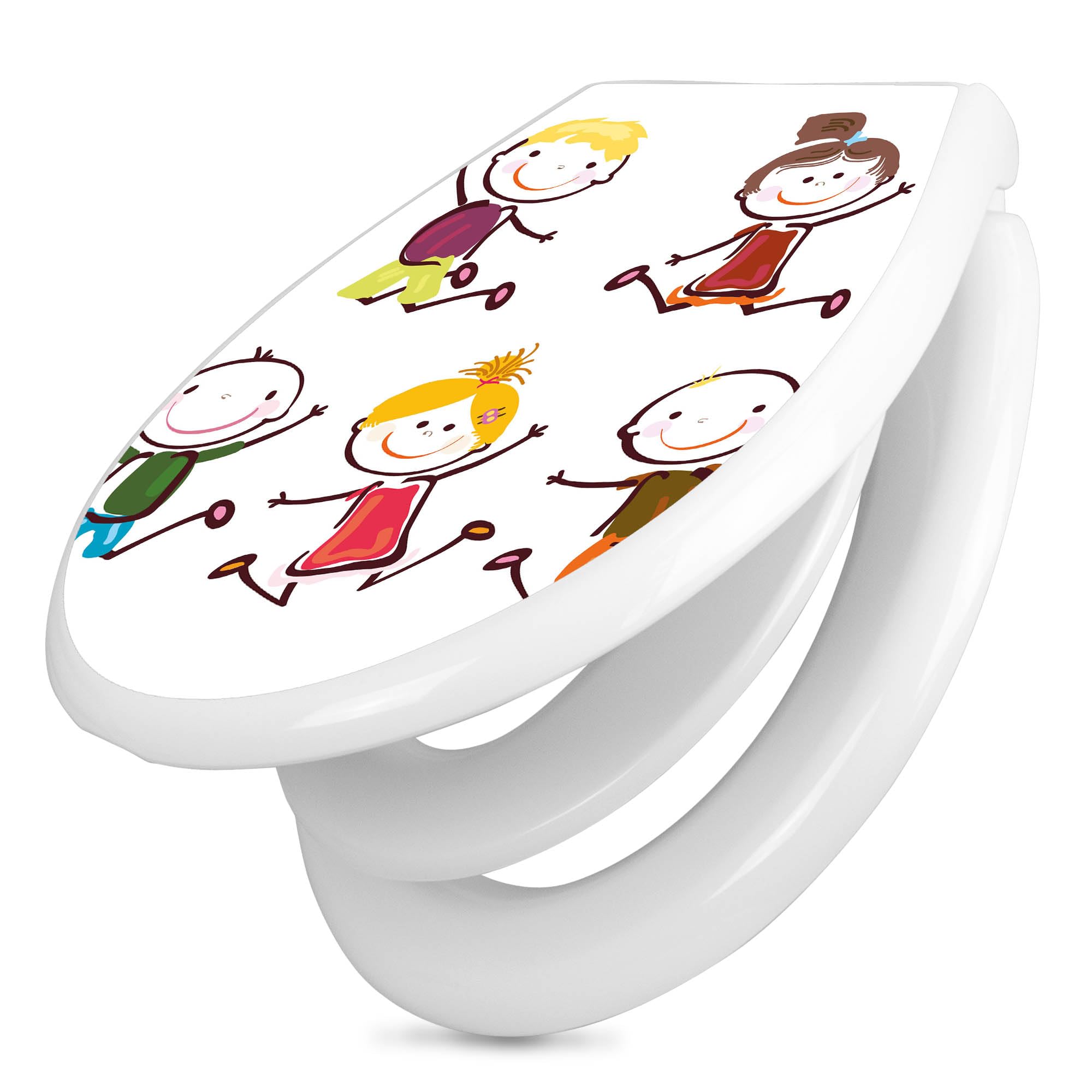 banjado Familien WC Sitz mit Absenkautomatik 44,9x37,1cm - Klobrille mit Kindersitz aus hochwertigem Polypropylen - Toilettendeckel mit Kinder Toilettensitz integriert - Motiv Happy Kids
