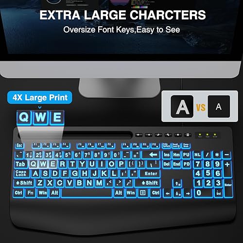 Miniatura 3 de SABLUTE Teclados de computadora retroiluminados con impresión grande, teclados USB iluminados con cable con retroiluminación de 7 colores,