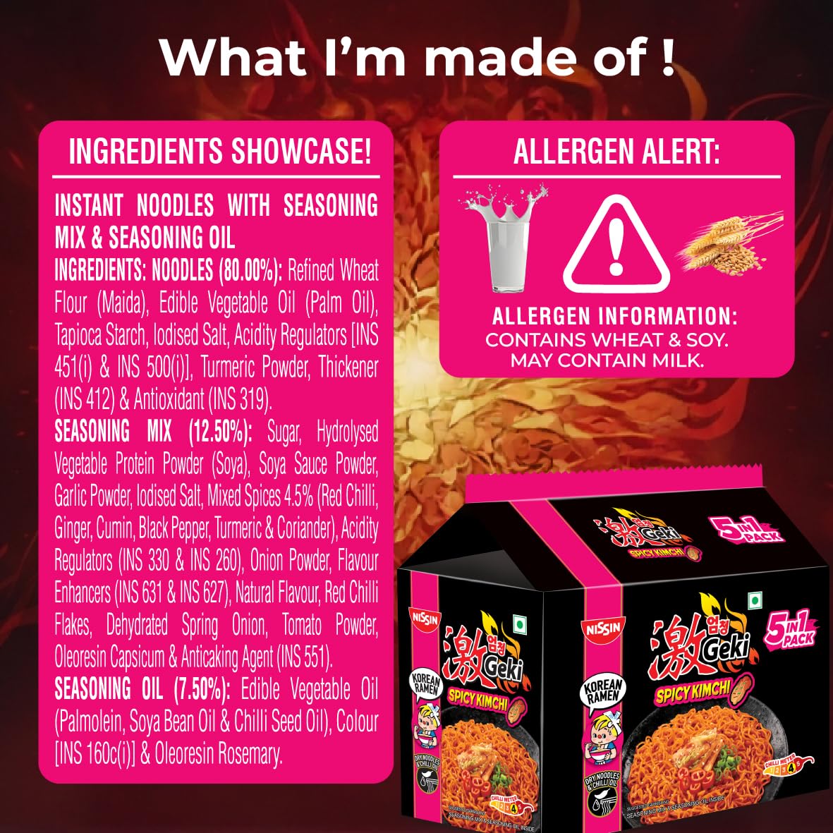 Nissin Geki Korean Ramen Spicy Kimchi Instant Noodles 5 in1, 400gm 2