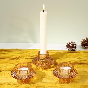 Reversible Candlestick Holders Set of 3, Amber Glass Taper and Tealight Candle Holders for Table Centerpiece, Wedding, Party, Home Decor