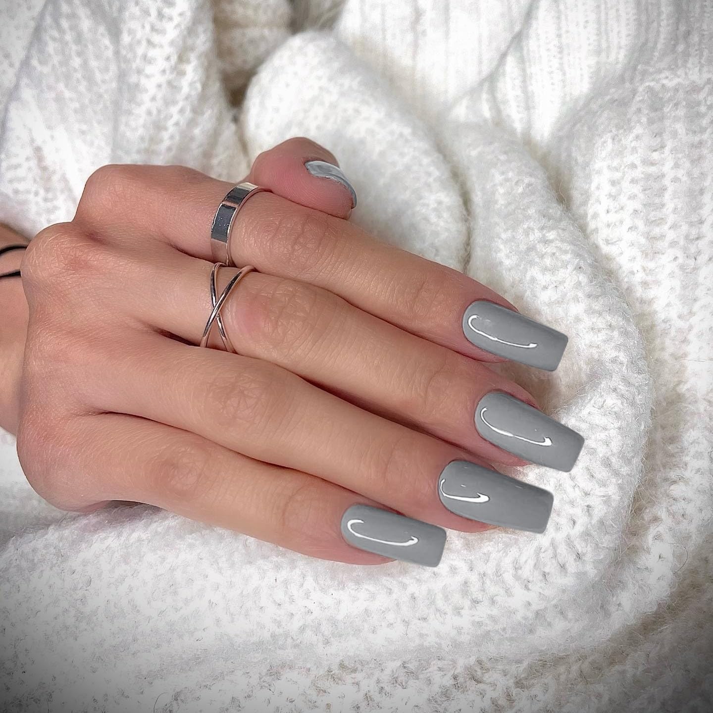 KQueenest Gray Press on Nails Long Square, Dark Grey False Nails Long Medium Coffin - Image 2