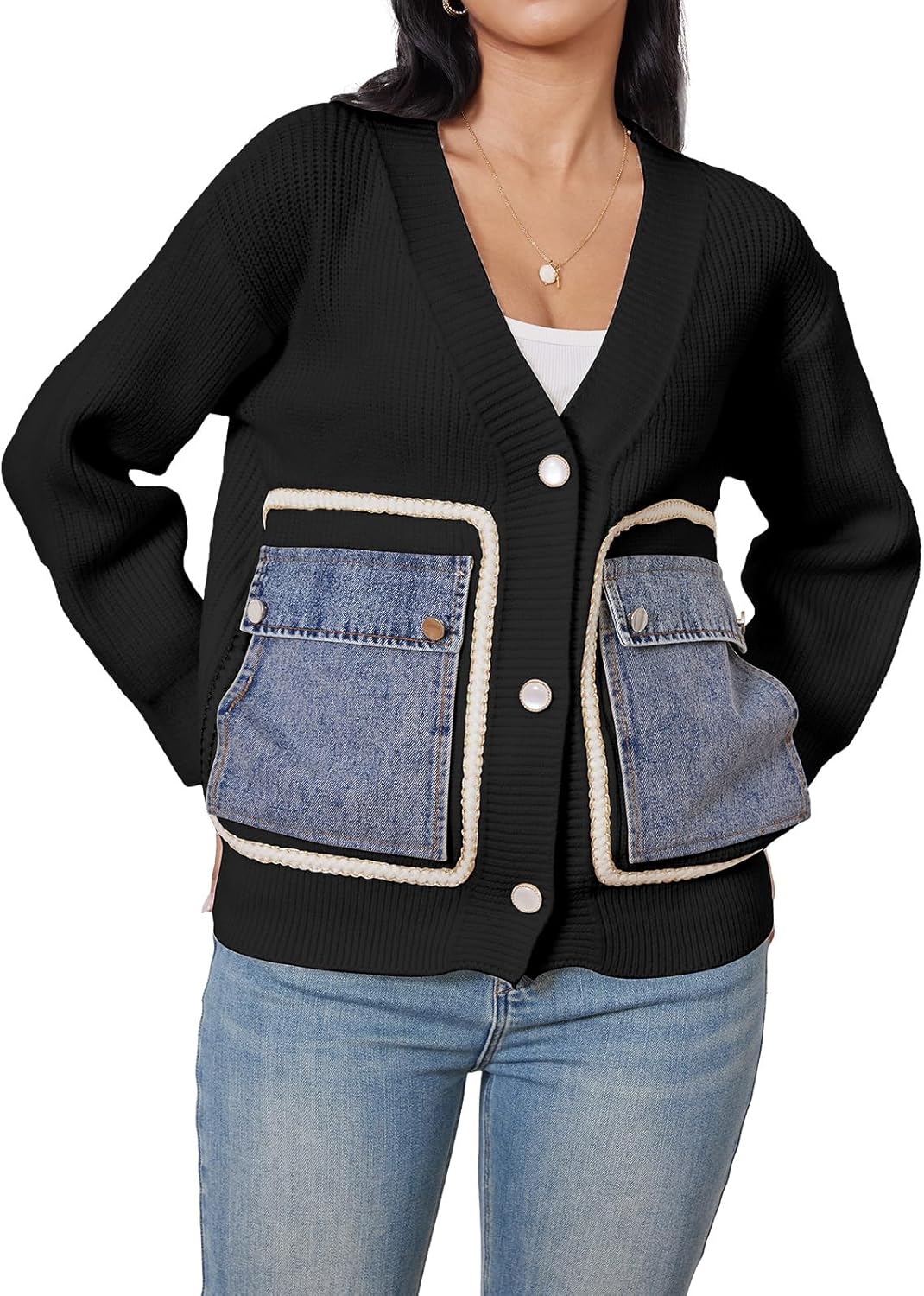 Women's Patchwork Denim Pocket Cardigan 2025 Fall Winter Outerwear Long Sleeve Button Down Chunky Knit Sweaters Coats - Image 3