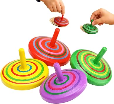 Wooden Classic Colorful Spinning Tops Set of 4