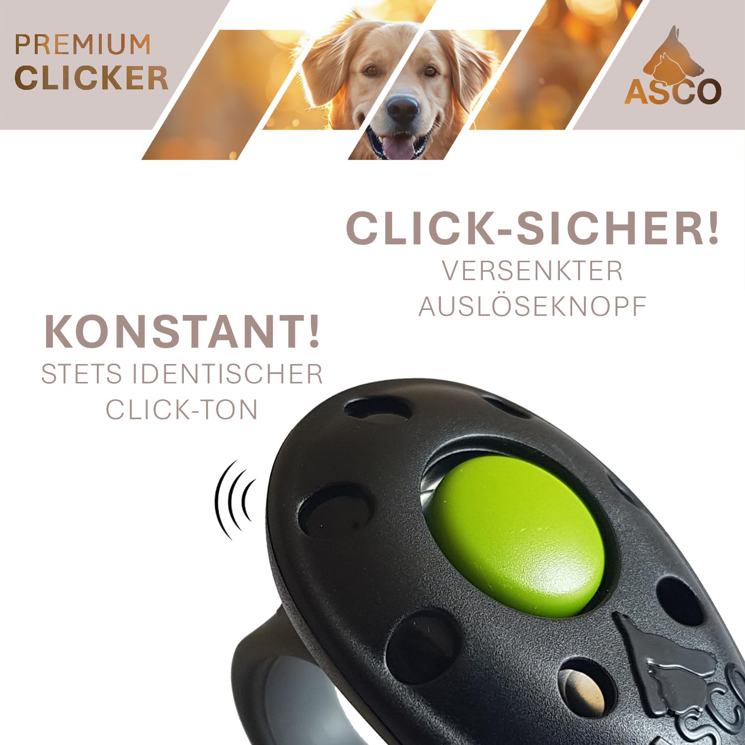 ASCO Clicker da Dito Premium con Cinturino da Polso Elasticizzato per clicker Training, clicker Professionale per Cani, Gatti e Cavalli, clicker per addestramento Cani, Nero AC01FA