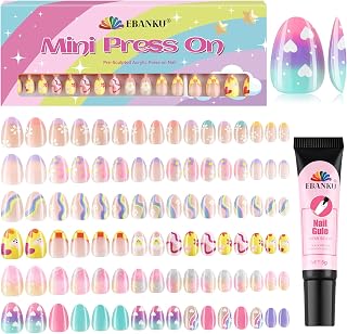 196 Pcs Kids Print on Nails, EBANKU 6 Pack Kids Fake Nails | Kit Full Face Short Faux Fingertips with Girl Nail Adhesive