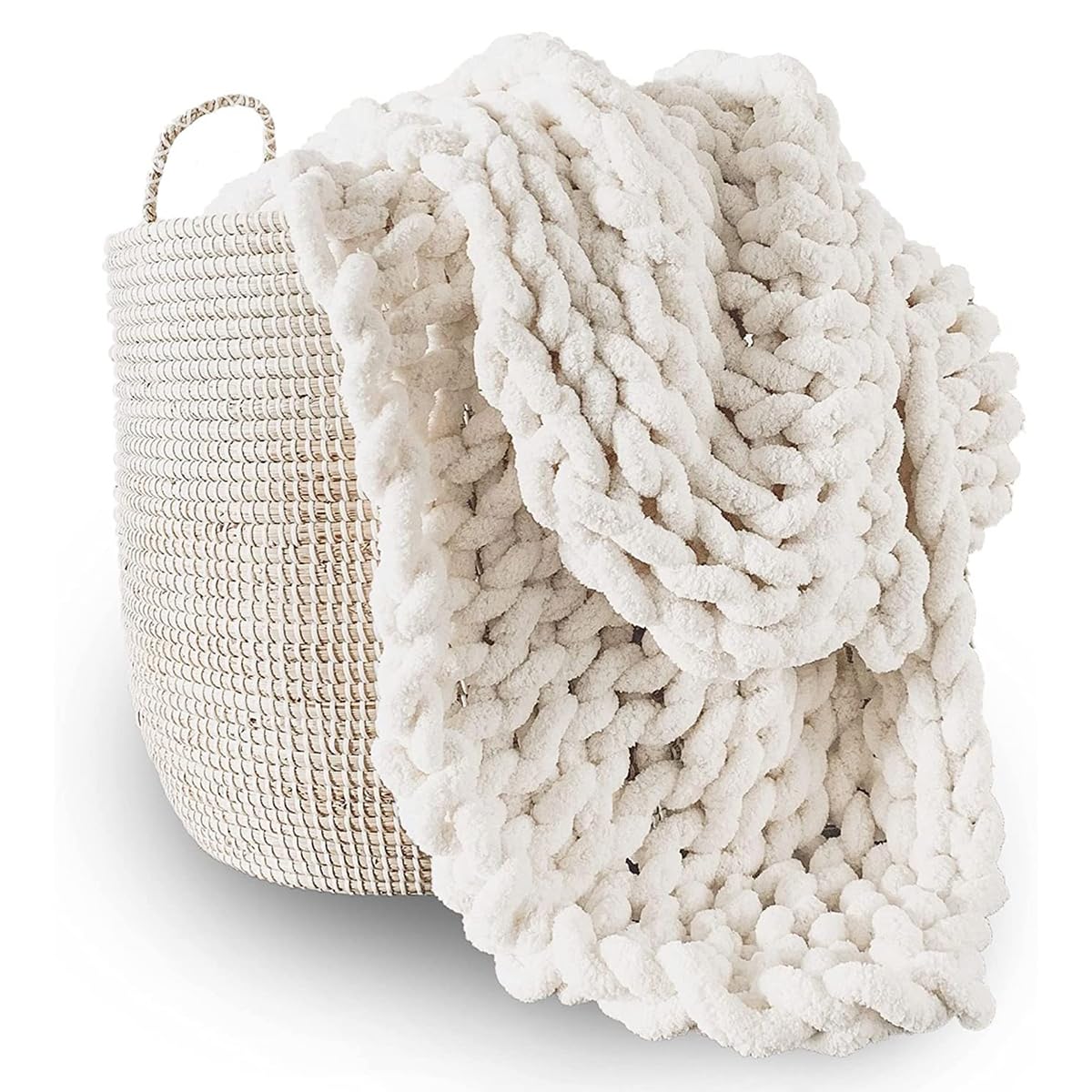 Dazzluxe Chunky Knit Blanket Throw 150 * 150 cm, Soft Chenille Yarn Throw Blanket, Handmade Thick Cable Knit Crochet Blanket, Large Knit Chunky Throw Blanket for Couch Home Decor, White