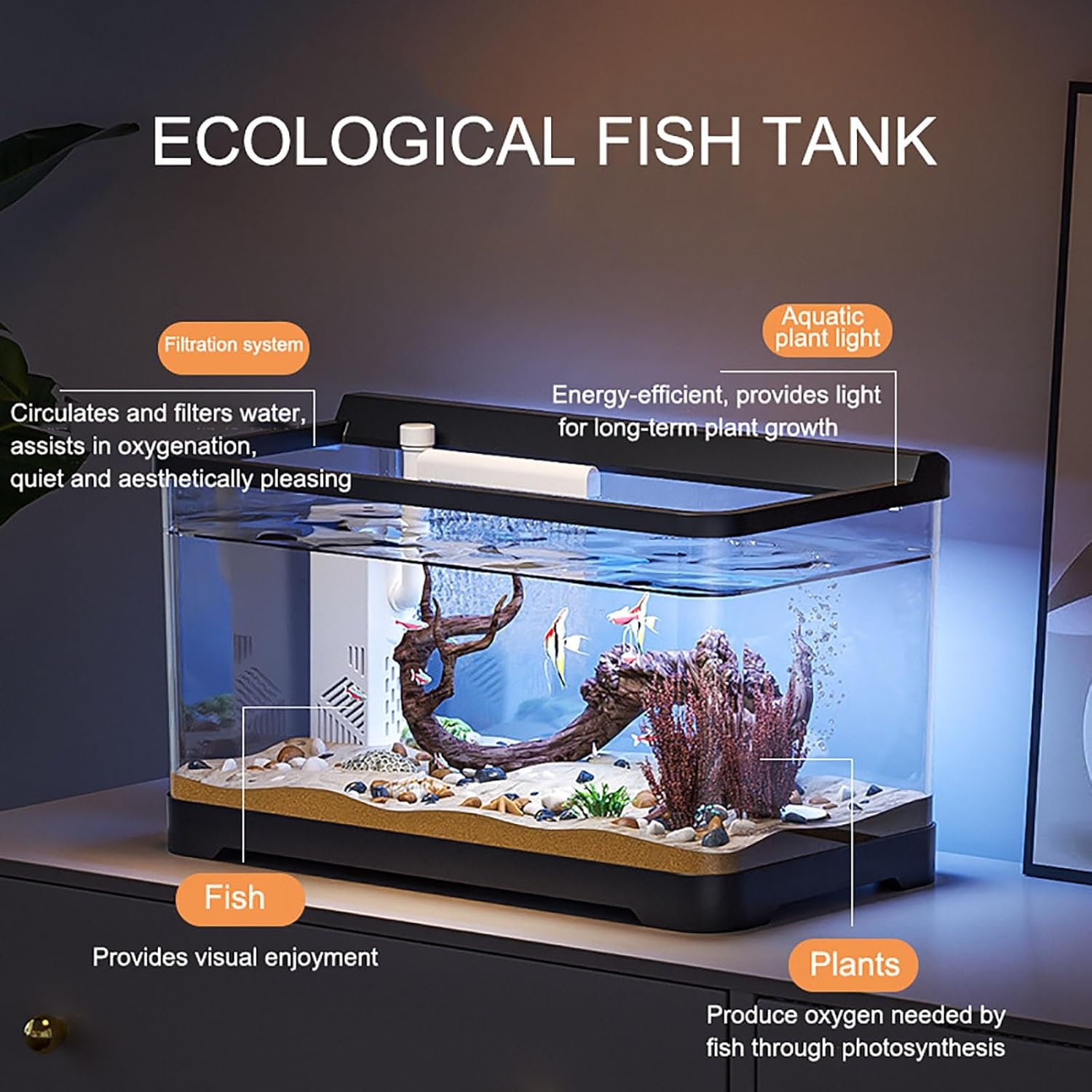 Aquarium Fish Tank Kit,Nature Fish Tank with Filter and Light,Self Cleaning Aquarium Starter Kits for Small Fish Betta Kids Room Desktop Decor(Small)