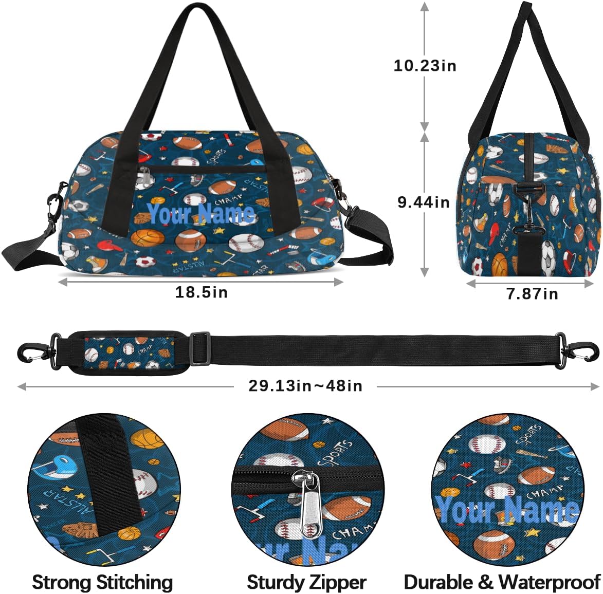 Personalized Balls Sports Sport Duffel Bag Custom Name Kids Gym Bags Carry On Travel Bag Weekender Overnight Bag for Boys Girls Teens