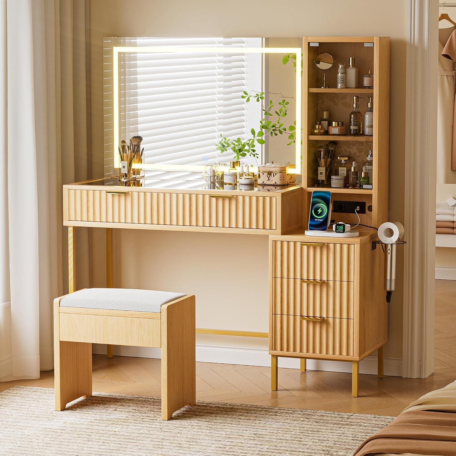 EOYUTLLY 48" Fluted Makeup Vanity Desk with 36" Mirror and Light,Glass Top Wooden Vanity Table with Charging Station,5 Drawers, 3 Adjustable Shelves & 3 Color Lighting Mode, Bedroom Dressing Table,Oak