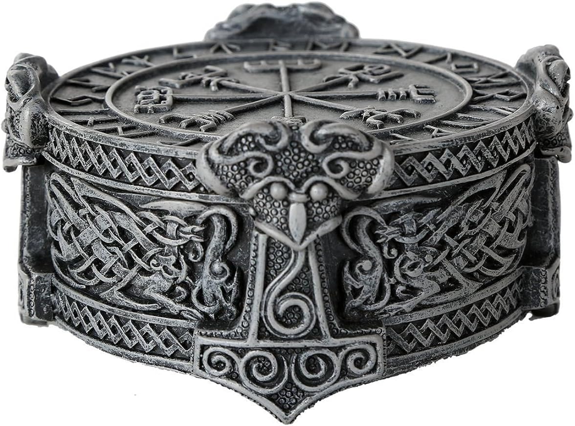 Pacific Giftware Norse Viking Veg Viser Runic Compass Knotwork Thor Hammer Decorative Trinket Box for Jewelry Keys Coins Polyresin Sculptural Home Decor 2" H