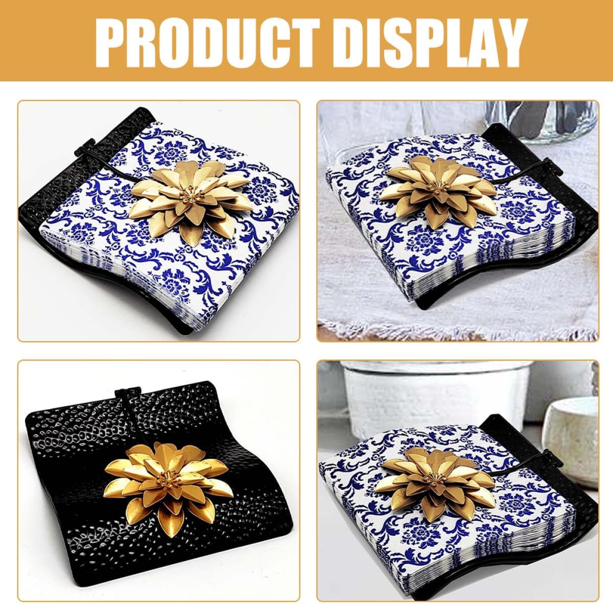 Metal Napkin Holder with Press for Dining Table, Square Tissue Dispenser Tray, Decorative Serviette Holder for Kitchen and Restaurant Use