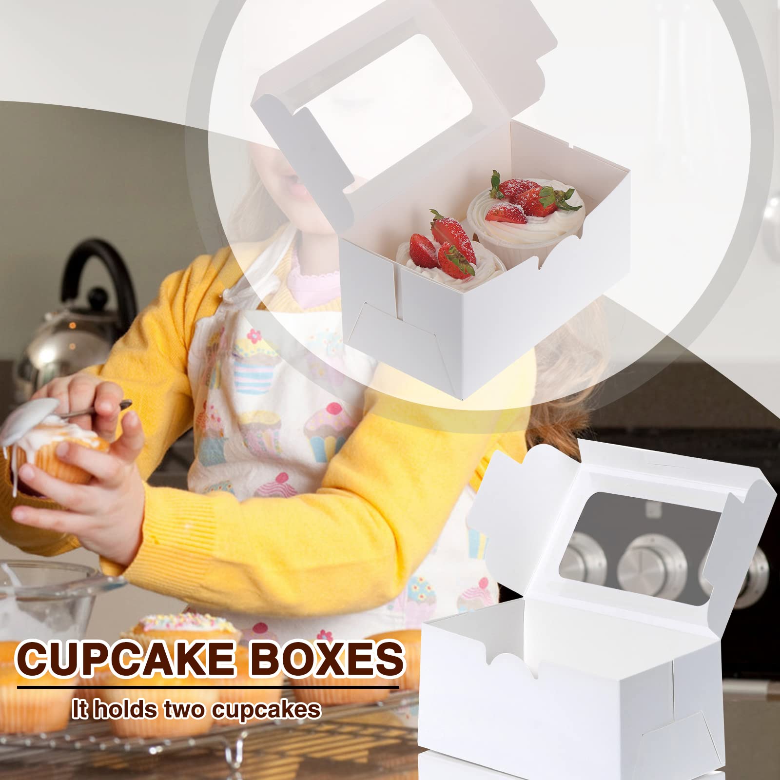 50 Pezzi Scatole per Cupcake a 2 Fori con Finestra, Piccole Scatole per Muffin, Bianche Scatole per Cupcake Ingrosso per Torte Biscotti Bessert, Bianche
