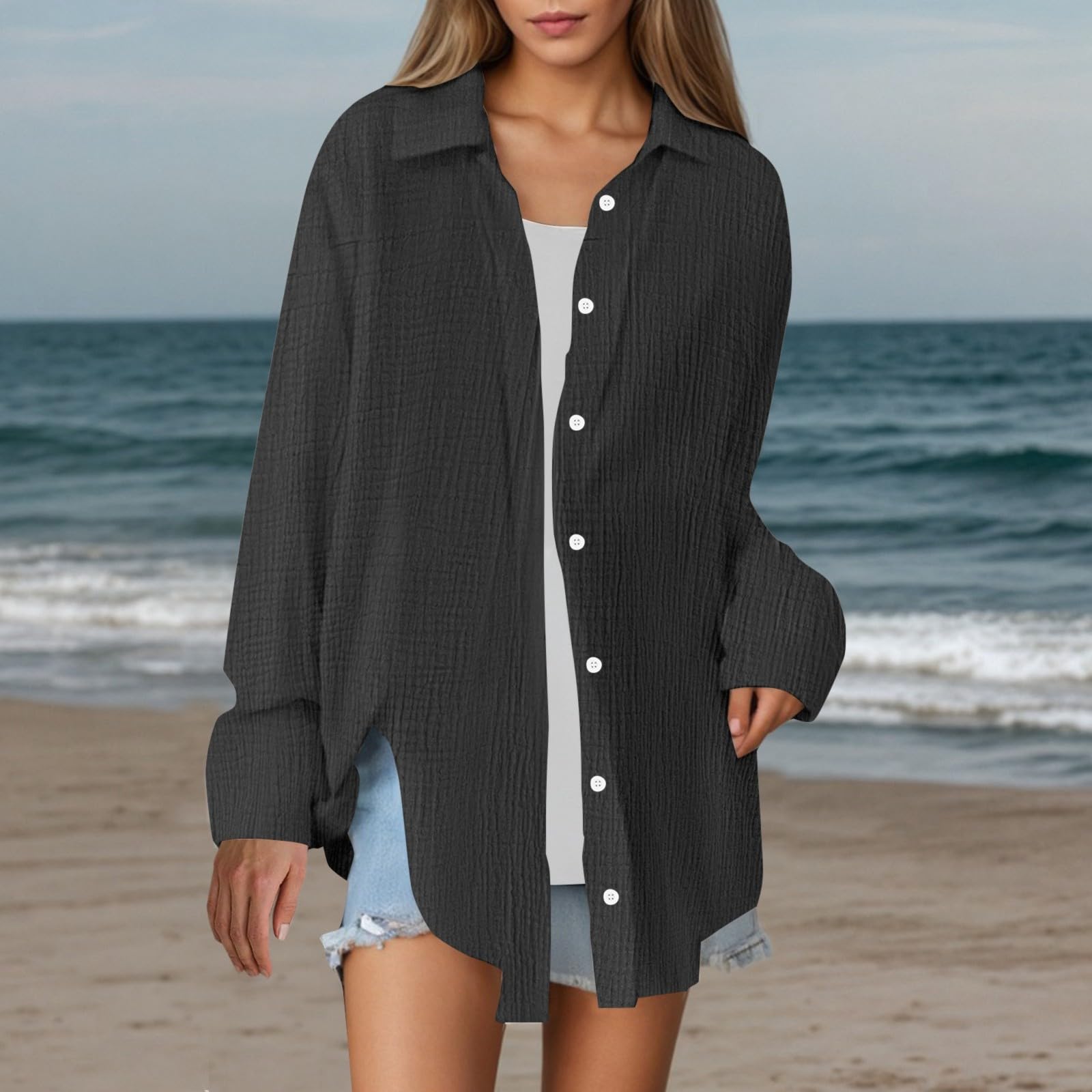 Camisa de gasa con botones para mujer, de gran tamaño, transpirable, de manga larga, con cuello, para verano, de lino, ajuste holgado, ropa de playa, trajes de algodón, estilo informal, color liso