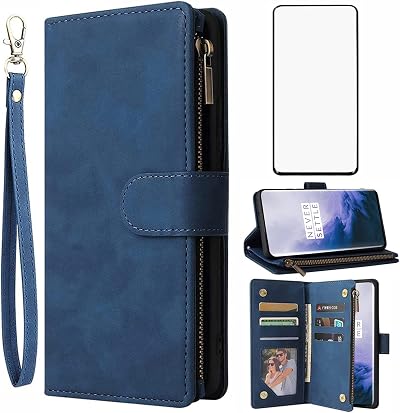 Asuwish Compatible with OnePlus 7T Pro OnePlus7TPro 5G Mclaren Edition Wallet Case Tempered Glass Screen Protector and Flip Cover Card Holder Stand Phone Cases for One Plus 7TPro 1Plus 1 + 1+ Blue