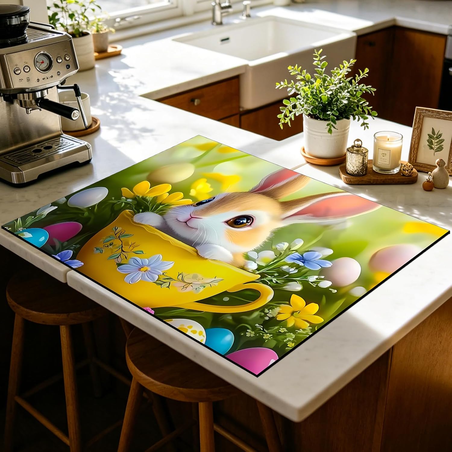 Nuxovilar Stove Top Cover, Glass Stove Top Cover Protector, Teacup Rabbit & Colorful Egg Pattern, Polyester Diatomaceous Earth Mixture 28.65x20.47inch, for Kitchen, Countertop, Home