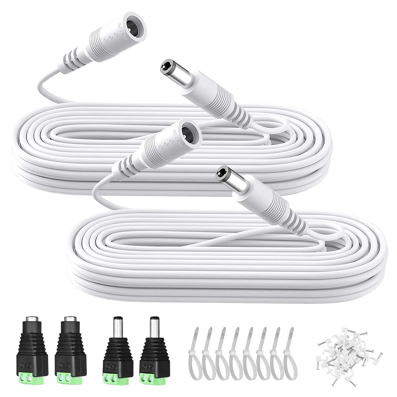 2PCS 10ft 3M DC Power Extension Cable, DC 12V 5.5mm x 2.1mm Extension Cord with Power Jack Adapter Connectors(2 x Male+2 x Female)/Wire Clips/Cable Ties for Security Camera/Router/LED Strip/Printer