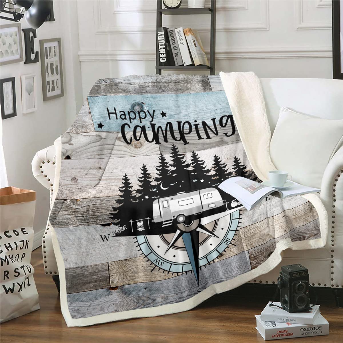 Fleece Decke für Kinder 150x200cm Kompass Design Sherpa Rustikale Bauernhaus Holzbrett Plüsch Schwarz Blau Grau