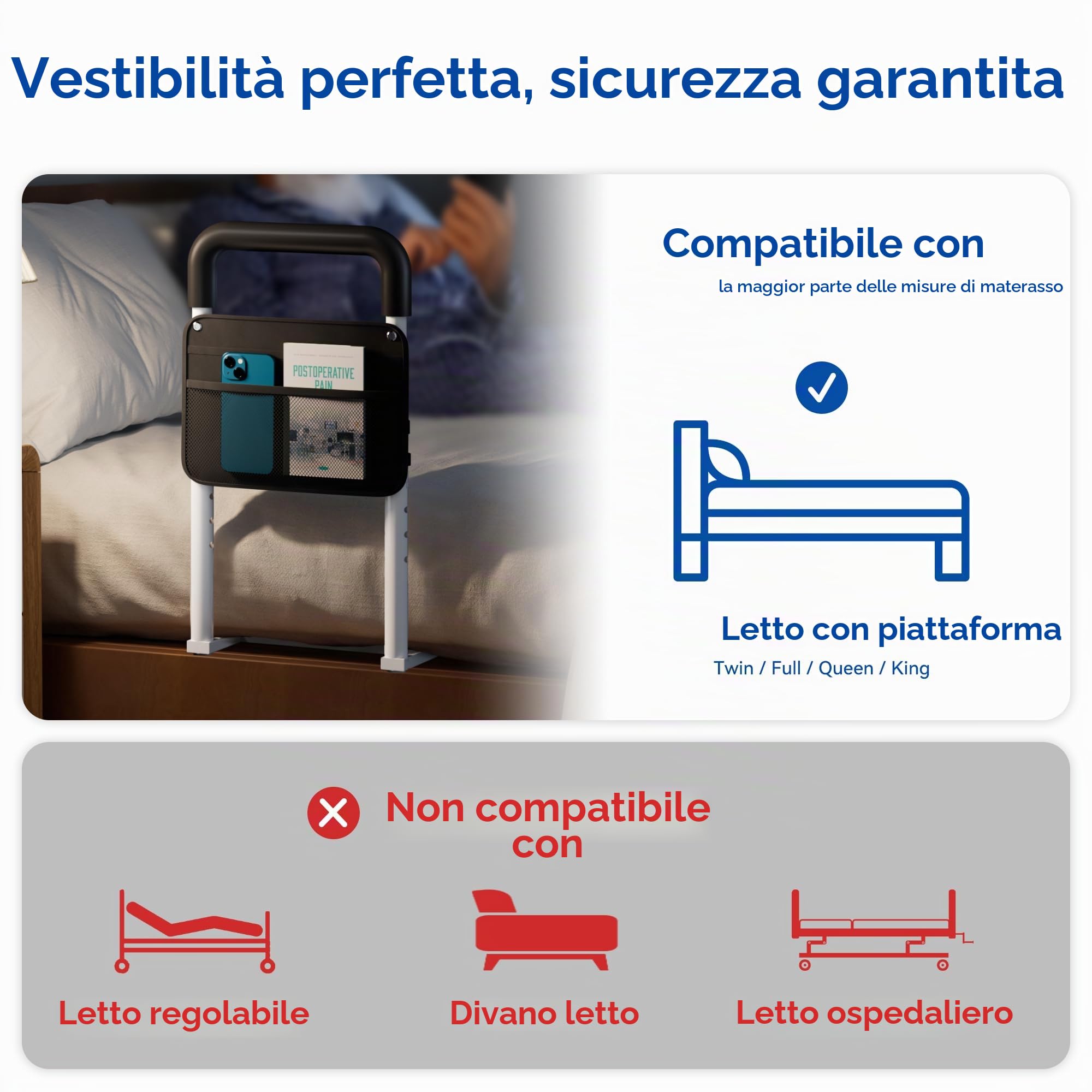 Sponde da Letto per Anziani - Sponda da Letto Regolabile a Tubo Piatto per Anziani con Tasca di Stoccaggio e Maniglia Antiscivolo per Entrare e Uscire dal Letto, Resistente fino a 136 kg - Adatta per