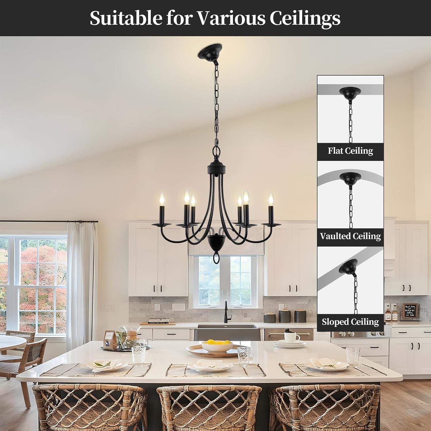 Black Chandelier,6-Light Farmhouse Chandeliers for Dining Room 22.4 inch, E12 Base Small Industrial Ceiling Light Fixture, Vintage Dining Room Chandelier Over Table for Bedroom Hallway Foyer