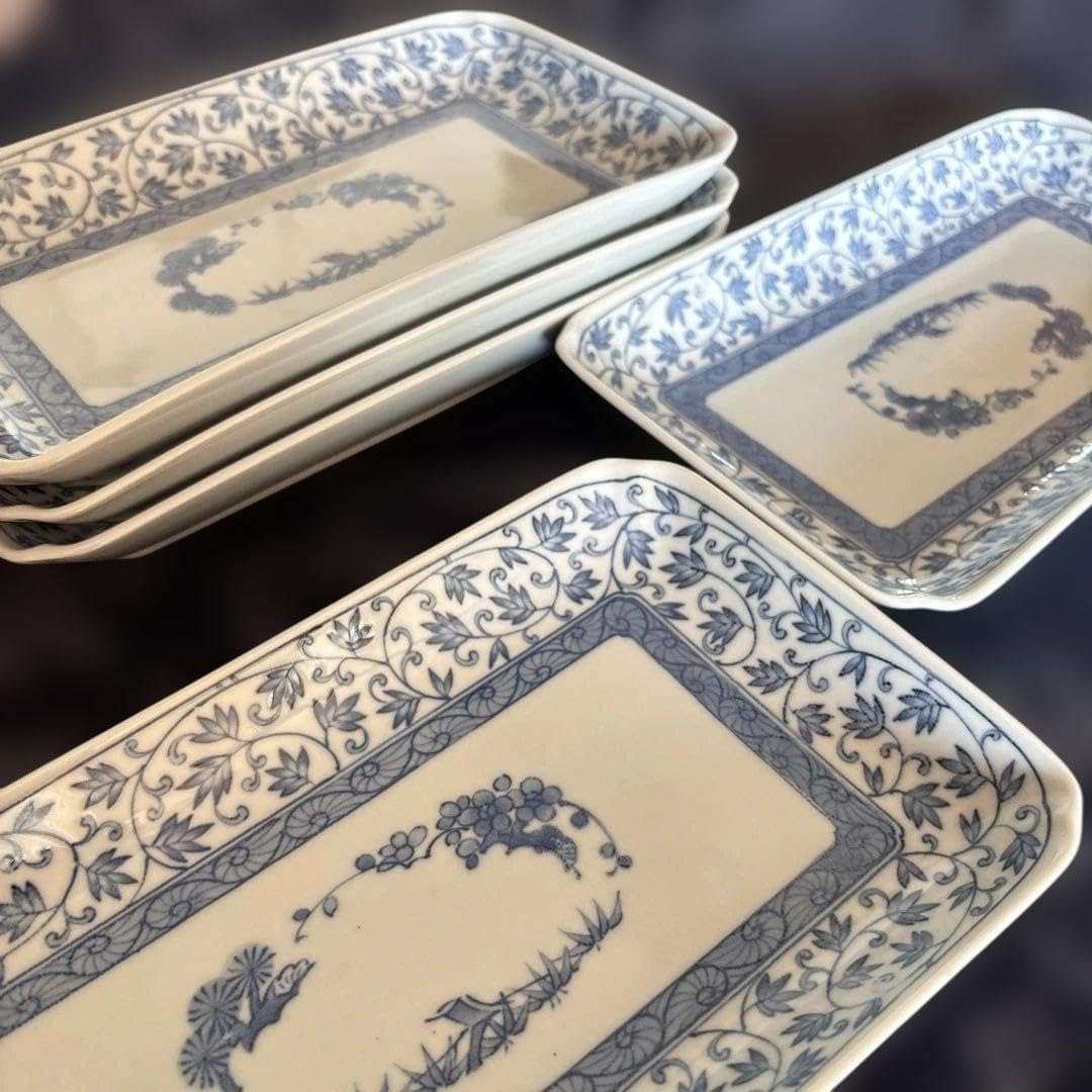 有田焼 龍峰窯 金彩・染付山水画 菊形深皿（飾り鉢） 有田焼 絵