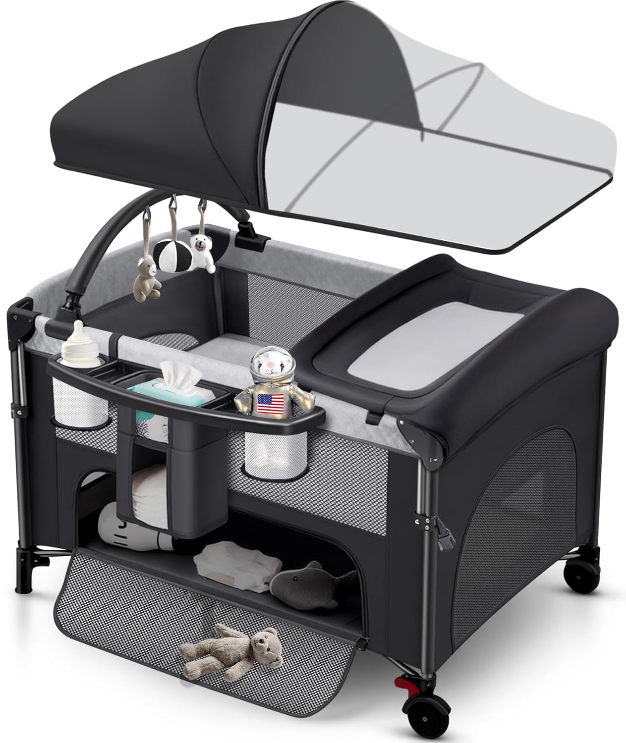 4 in 1 Baby Bassinet Bedside Crib with One-Hand Setup & Waterproof Mattress – ASTM-Certified Pack and Play, Portable Foldable Playard with Diaper Changer for Newborn to Toddler(Black)