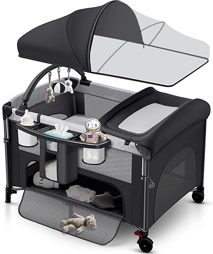 Miniatura 9 de Moisés de bebé 4 en 1 con configuración con una sola mano y colchón impermeable - Paquete y juego certificado ASTM, corral plegable portátil con
