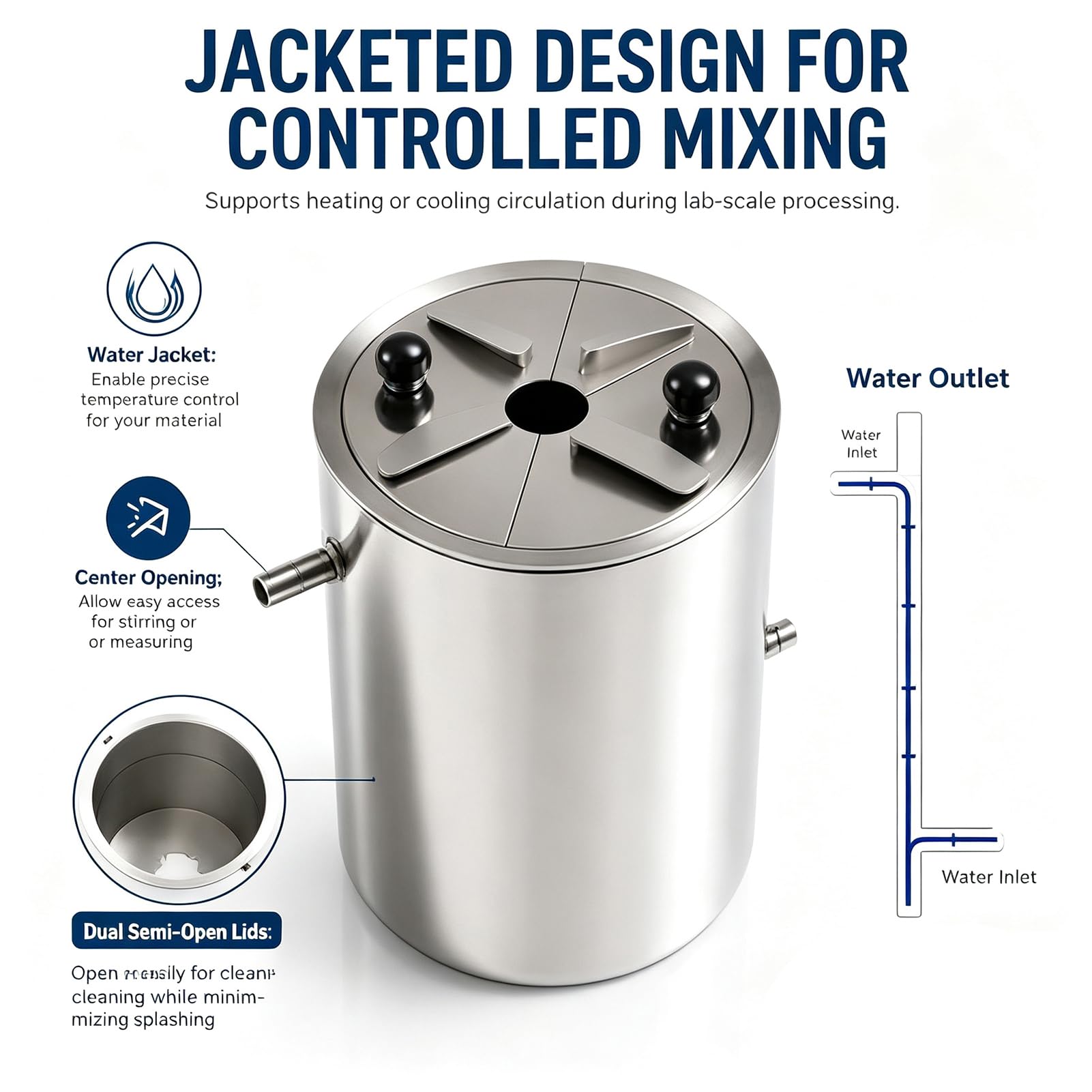 Tambor Dispensador Laboratorio Acero Inoxidable Para Procesos Dispersión | Camisa agua doble capa con tapas divididas para sistemas agitación, mezcla y reactor laboratorio