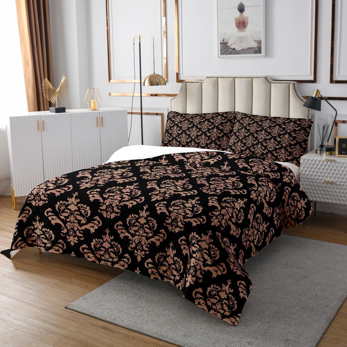 Feelyou Brown Damask Bedspread Antique Victorian Baroque Bedspread for Kids Boys Girls Gothic Vintage Floral Coverlet Set Exotic Themed Quilted Bedroom Collection 2Pcs Twin Size