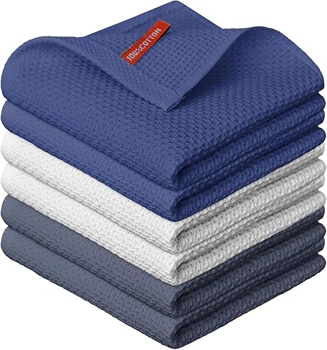 Artoid Mode Juego de 6 paños de cocina de 100 % algodón, tejido de punto gofre, color azul marino, gris oscuro, 12 x 12 pulgadas, ultra suaves,