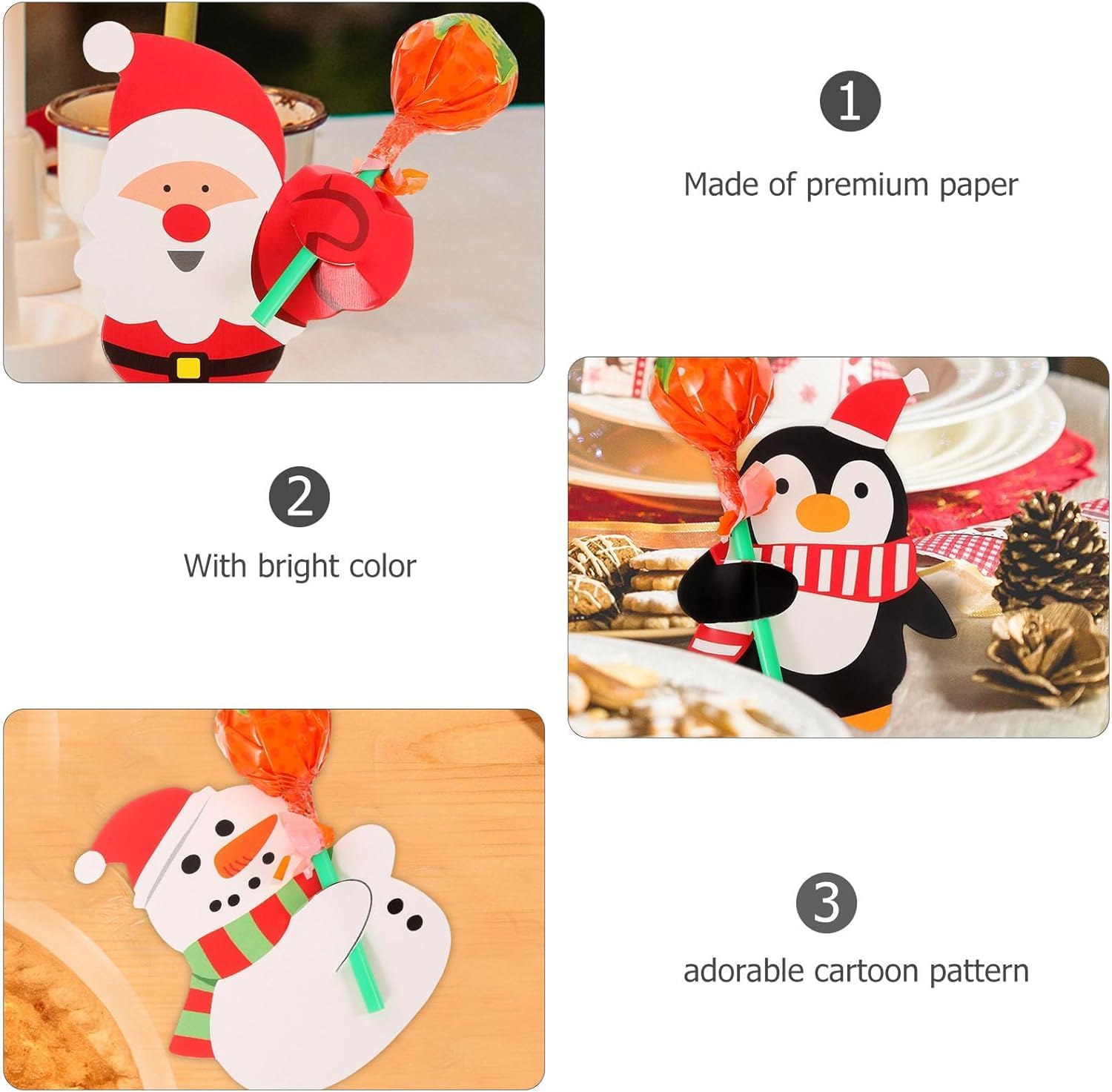 ARTIBETTER 150pcs Christmas Lollipop Paper Card DIY Santa Snowman Penguin Candy Lollipop Decoration Cards Candy Holder Party Supplies