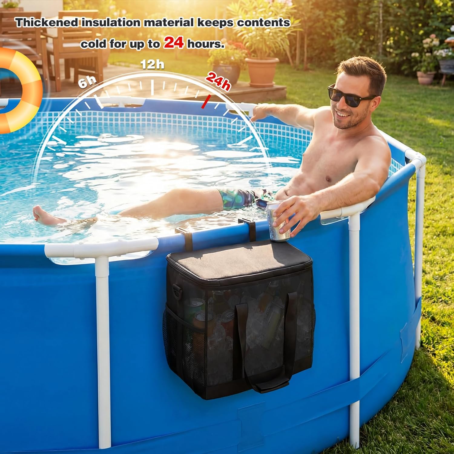 Pool Cooler for Above Ground Pool, 18L Poolside Insulated Cooler Bag with Adjustable Metal Stand Waterproof Ice Chest Holder with Aluminum Foil Liner for Summer Poolside Accessories(Black)