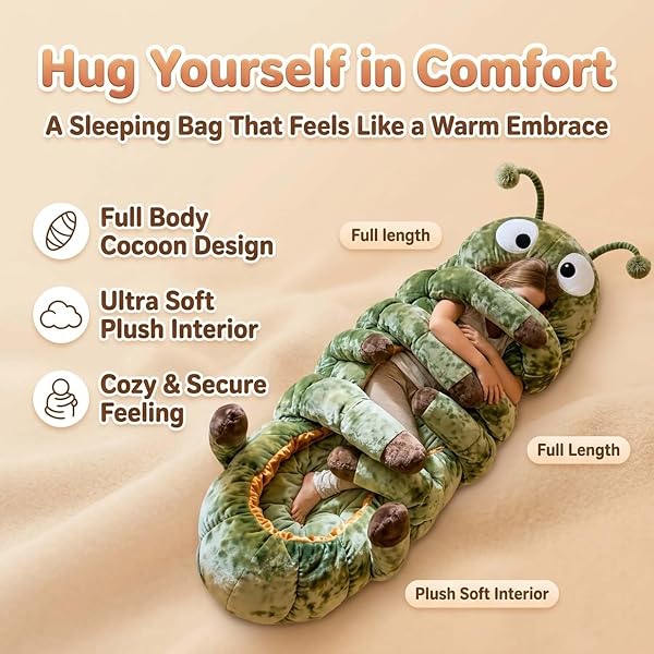 Hugging Caterpillar Sleeping Bags, Caterpillar Shaped Sleeping Bags for Adults Kids, Plush Cocoon Full-Body Lounger Indoor Nap Pod, Pull Cord Hugging System Cozy Reading Nest - 2