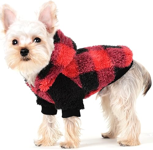 Miniatura 1 de Sudadera con capucha a cuadros para perros pequeños, gatos, cachorros, abrigo cálido y suave, mediano, rojo