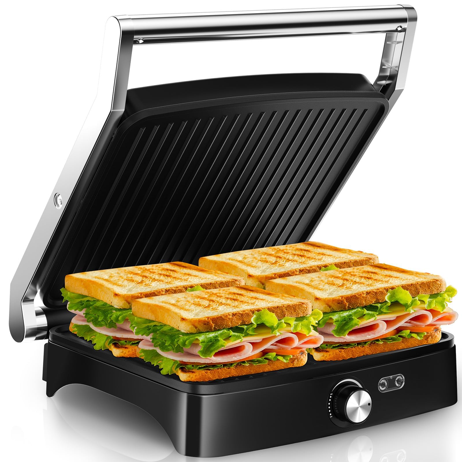 YASHE Barbecue a contatto con regolatore di temperatura, apribile a 180°, piastre antiaderenti, coperchio in acciaio inox, panini per panini, carne e verdure, 2000 W